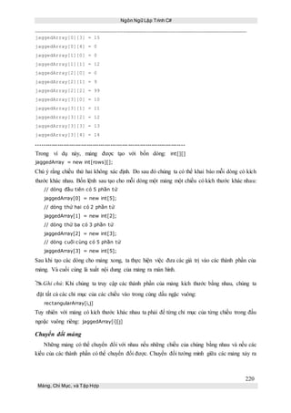 Ngôn Ngữ Lập Trình C#
220
Mảng, Chỉ Mục, và Tập Hợp
jaggedArray[0][3] = 15
jaggedArray[0][4] = 0
jaggedArray[1][0] = 0
jaggedArray[1][1] = 12
jaggedArray[2][0] = 0
jaggedArray[2][1] = 9
jaggedArray[2][2] = 99
jaggedArray[3][0] = 10
jaggedArray[3][1] = 11
jaggedArray[3][2] = 12
jaggedArray[3][3] = 13
jaggedArray[3][4] = 14
----------------------------------------------------------------------------
Trong ví dụ này, mảng được tạo với bốn dòng: int[][]
jaggedArray = new int[rows][];
Chú ý rằng chiều thứ hai không xác định. Do sau đó chúng ta có thể khai báo mỗi dòng có kích
thước khác nhau. Bốn lệnh sau tạo cho mỗi dòng một mảng một chiều có kích thước khác nhau:
// dòng đầu tiên có 5 phần tử
jaggedArray[0] = new int[5];
// dòng thứ hai có 2 phần tử
jaggedArray[1] = new int[2];
// dòng thứ ba có 3 phần tử
jaggedArray[2] = new int[3];
// dòng cuối cùng có 5 phần tử
jaggedArray[3] = new int[5];
Sau khi tạo các dòng cho mảng xong, ta thực hiện việc đưa các giá trị vào các thành phần của
mảng. Và cuối cùng là xuất nội dung của mảng ra màn hình.
Ghi chú: Khi chúng ta truy cập các thành phần của mảng kích thước bằng nhau, chúng ta
đặt tất cả các chỉ mục của các chiều vào trong cùng dấu ngặc vuông:
rectangularArray[i,j]
Tuy nhiên với mảng có kích thước khác nhau ta phải để từng chỉ mục của từng chiều trong đấu
ngoặc vuông riêng: jaggedArray[i][j]
Chuyển đổi mảng
Những mảng có thể chuyển đổi với nhau nếu những chiều của chúng bằng nhau và nếu các
kiểu của các thành phần có thể chuyển đổi được. Chuyển đổi tường minh giữa các mảng xảy ra
 