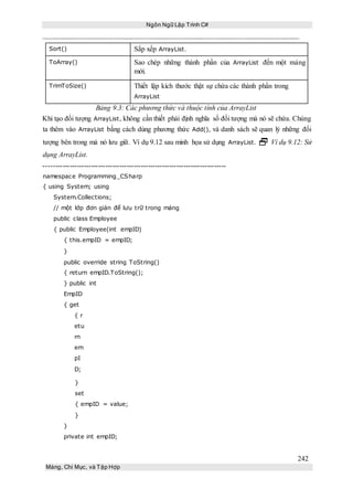 Ngôn Ngữ Lập Trình C#
242
Mảng, Chỉ Mục, và Tập Hợp
Sort() Sắp xếp ArrayList.
ToArray() Sao chép những thành phần của ArrayList đến một mảng
mới.
TrimToSize() Thiết lập kích thước thật sự chứa các thành phần trong
ArrayList
Bảng 9.3: Các phương thức và thuộc tính của ArrayList
Khi tạo đối tượng ArrayList, không cần thiết phải định nghĩa số đối tượng mà nó sẽ chứa. Chúng
ta thêm vào ArrayList bằng cách dùng phương thức Add(), và danh sách sẽ quan lý những đối
tượng bên trong mà nó lưu giữ. Ví dụ 9.12 sau minh họa sử dụng ArrayList.  Ví dụ 9.12: Sử
dụng ArrayList.
-----------------------------------------------------------------------------
namespace Programming_CSharp
{ using System; using
System.Collections;
// một lớp đơn giản để lưu trữ trong mảng
public class Employee
{ public Employee(int empID)
{ this.empID = empID;
}
public override string ToString()
{ return empID.ToString();
} public int
EmpID
{ get
{ r
etu
rn
em
pI
D;
}
set
{ empID = value;
}
}
private int empID;
 