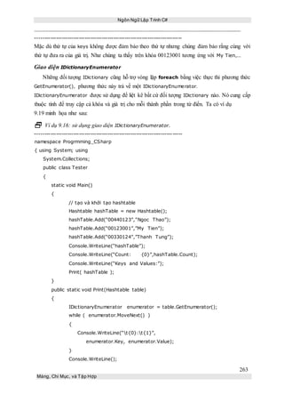 Ngôn Ngữ Lập Trình C#
263
Mảng, Chỉ Mục, và Tập Hợp
-----------------------------------------------------------------------------
Mặc dù thứ tự của keys không được đảm bảo theo thứ tự nhưng chúng đảm bảo rằng cùng với
thứ tự đưa ra của giá trị. Như chúng ta thấy trên khóa 00123001 tương ứng với My Tien,...
Giao diện IDictionaryEnumerator
Những đối tượng IDictionary cũng hỗ trợ vòng lặp foreach bằng việc thực thi phương thức
GetEnumerator(), phương thức này trả về một IDictionaryEnumerator.
IDictionaryEnumerator được sử dụng để liệt kê bất cứ đối tượng IDictionary nào. Nó cung cấp
thuộc tính để truy cập cả khóa và giá trị cho mỗi thành phần trong từ điển. Ta có ví dụ
9.19 minh họa như sau:
 Ví dụ 9.16: sử dụng giao diện IDictionaryEnumerator.
-----------------------------------------------------------------------------
namespace Progrmming_CSharp
{ using System; using
System.Collections;
public class Tester
{
static void Main()
{
// tạo và khởi tạo hashtable
Hashtable hashTable = new Hashtable();
hashTable.Add(“00440123”,”Ngoc Thao”);
hashTable.Add(“00123001”,”My Tien”);
hashTable.Add(“00330124”,”Thanh Tung”);
Console.WriteLine(“hashTable”);
Console.WriteLine(“Count: {0}”,hashTable.Count);
Console.WriteLine(“Keys and Values:”);
Print( hashTable );
}
public static void Print(Hashtable table)
{
IDictionaryEnumerator enumerator = table.GetEnumerator();
while ( enumerator.MoveNext() )
{
Console.WriteLine(“t{0}:t{1}”,
enumerator.Key, enumerator.Value);
}
Console.WriteLine();
 