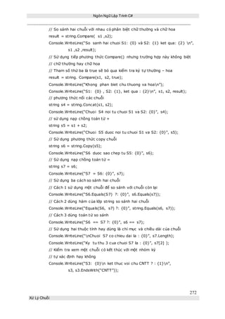 Ngôn Ngữ Lập Trình C#
272
Xử Lý Chuỗi
// So sánh hai chuỗi với nhau có phân biệt chữ thường và chữ hoa
result = string.Compare( s1 ,s2);
Console.WriteLine(“So sanh hai chuoi S1: {0} và S2: {1} ket qua: {2} n”,
s1 ,s2 ,result);
// Sử dụng tiếp phương thức Compare() nhưng trường hợp này không biệt
// chữ thường hay chữ hoa
// Tham số thứ ba là true sẽ bỏ qua kiểm tra ký tự thường – hoa
result = string. Compare(s1, s2, true);
Console.WriteLine(“Khong phan biet chu thuong va hoan”);
Console.WriteLine(“S1: {0} , S2: {1}, ket qua : {2}n”, s1, s2, result);
// phương thức nối các chuỗi
string s4 = string.Concat(s1, s2);
Console.WriteLine(“Chuoi S4 noi tu chuoi S1 va S2: {0}”, s4);
// sử dụng nạp chồng toán tử +
string s5 = s1 + s2;
Console.WriteLine(“Chuoi S5 duoc noi tu chuoi S1 va S2: {0}”, s5);
// Sử dụng phương thức copy chuỗi
string s6 = string.Copy(s5);
Console.WriteLine(“S6 duoc sao chep tu S5: {0}”, s6);
// Sử dụng nạp chồng toán tử =
string s7 = s6;
Console.WriteLine(“S7 = S6: {0}”, s7);
// Sử dụng ba cách so sánh hai chuỗi
// Cách 1 sử dụng một chuỗi để so sánh với chuỗi còn lại
Console.WriteLine(“S6.Equals(S7) ?: {0}”, s6.Equals(s7));
// Cách 2 dùng hàm của lớp string so sánh hai chuỗi
Console.WriteLine(“Equals(S6, s7) ?: {0}”, string.Equals(s6, s7));
// Cách 3 dùng toán tử so sánh
Console.WriteLine(“S6 == S7 ?: {0}”, s6 == s7);
// Sử dụng hai thuộc tính hay dùng là chỉ mục và chiều dài của chuỗi
Console.WriteLine(“nChuoi S7 co chieu dai la : {0}”, s7.Length);
Console.WriteLine(“Ky tu thu 3 cua chuoi S7 la : {0}”, s7[2] );
// Kiểm tra xem một chuỗi có kết thúc với một nhóm ký
// tự xác định hay không
Console.WriteLine(“S3: {0}n ket thuc voi chu CNTT ? : {1}n”,
s3, s3.EndsWith(“CNTT”));
 