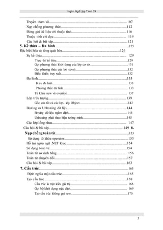 Ngôn Ngữ Lập Trình C#
3
Truyền tham số.........................................................................................107
Nạp chồng phương thức...........................................................................112
Đóng gói dữ liệu với thuộc tính...............................................................116
Thuộc tính chỉ đọc................................................................................... 119
Câu hỏi & bài tập.....................................................................................121
5. Kế thừa – Đa hình..........................................................................................125
Đặc biệt hóa và tổng quát hóa..................................................................126
Sự kế thừa................................................................................................ 129
Thực thi kế thừa.......................................................................................129
Gọi phương thức khởi dựng của lớp cơ sở...............................................131
Gọi phương thức của lớp cơ sở................................................................132
Điều khiển truy xuất.................................................................................132
Đa hình.....................................................................................................133
Kiểu đa hình.............................................................................................133
Phương thức đa hình................................................................................133
Từ khóa new và override......................................................................... 137
Lớp trừu tượng.........................................................................................139
Gốc của tất cả các lớp- lớp Object...........................................................142
Boxing và Unboxing dữ liệu....................................................................144
Boxing dữ liệu ngầm định........................................................................144
Unboxing phải thực hiện tường minh......................................................145
Các lớp lồng nhau.................................................................................... 147
Câu hỏi & bài tập.....................................................................................149 6.
Nạp chồng toán tử..........................................................................................153
Sử dụng từ khóa operator.........................................................................153
Hỗ trợ ngôn ngữ .NET khác.....................................................................154
Sử dụng toán tử........................................................................................154
Toán tử so sánh bằng............................................................................... 156
Toán tử chuyển đổi...................................................................................157
Câu hỏi & bài tập.....................................................................................163
7. Cấu trúc.............................................................................................................165
Định nghĩa một cấu trúc...........................................................................165
Tạo cấu trúc..............................................................................................168
Cấu trúc là một kiểu giá trị...................................................................... 168
Gọi bộ khởi dựng mặc định..................................................................... 169
Tạo cấu trúc không gọi new.....................................................................170
 