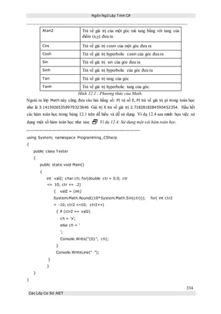 Ngôn Ngữ Lập Trình C#
334
Các Lớp Cơ Sở .NET
Atan2 Trả về giá trị của một góc mà tang bằng với tang của
điểm (x,y) đưa ra
Cos Trả về giá trị cosin của một góc đưa ra
Cosh Trả về giá trị hyperbolic cosin của góc đưa ra
Sin Trả về giá trị sin của góc đưa ra
Sinh Trả về giá trị hyperbolic của góc đưa ra
Tan Trả về giá trị tang của góc
Tanh Trả về giá trị hyperbolic tang của góc.
Hình 12.1 : Phương thức của Math.
Ngoài ra lớp Math này cũng đưa vào hai hằng số: PI và số E, PI trả về giá trị pi trong toán học
như là 3.14159265358979323846 Giá trị E trả về giá trị 2.7182818284590452354. Hầu hết
các hàm toán học trong bảng 12.1 trên dễ hiểu và dễ sử dụng. Ví dụ 12.4 sau minh họa việc sử
dụng một số hàm toán học như sau:  Ví dụ 12.4: Sử dụng một vài hàm toán học.
----------------------------------------------------------------------------
using System; namespace Programming_CSharp
{
public class Tester
{
public static void Main()
{
int val2; char ch; for(double ctr = 0.0; ctr
<= 10; ctr += .2)
{ val2 = (int)
System.Math.Round((10*System.Math.Sin(ctr))); for( int ctr2
= -10; ctr2 <=10; ctr2++)
{ if (ctr2 == val2)
ch = 'x';
else ch = '
';
Console.Write("{0}", ch);
}
Console.WriteLine(" ");
}
}
}
}
 
