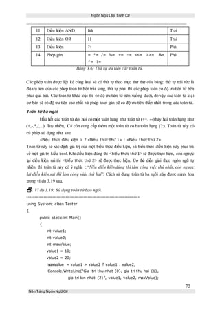 Ngôn Ngữ Lập Trình C#
72
Nền Tảng NgônNgữ C#
11 Điều kiện AND && Trái
12 Điều kiện OR || Trái
13 Điều kiện ?: Phải
14 Phép gán = *= /= %= += -= <<= >>= &=
^= |=
Phải
Bảng 3.6: Thứ tự ưu tiên các toán tử.
Các phép toán được liệt kê cùng loại sẽ có thứ tự theo mục thứ thự của bảng: thứ tự trái tức là
độ ưu tiên của các phép toán từ bên trái sang, thứ tự phải thì các phép toán có độ ưu tiên từ bên
phải qua trái. Các toán tử khác loại thì có độ ưu tiên từ trên xuống dưới, do vậy các toán tử loại
cơ bản sẽ có độ ưu tiên cao nhất và phép toán gán sẽ có độ ưu tiên thấp nhất trong các toán tử.
Toán tử ba ngôi
Hầu hết các toán tử đòi hỏi có một toán hạng như toán tử (++, --) hay hai toán hạng như
(+,-,*,/,...). Tuy nhiên, C# còn cung cấp thêm một toán tử có ba toán hạng (?:). Toán tử này có
cú pháp sử dụng như sau:
<Biểu thức điều kiện > ? <Biểu thức thứ 1> : <Biểu thức thứ 2>
Toán tử này sẽ xác định giá trị của một biểu thức điều kiện, và biểu thức điều kiện này phải trả
về một giá trị kiểu bool. Khi điều kiện đúng thì <biểu thức thứ 1> sẽ được thực hiện, còn ngược
lại điều kiện sai thì <biểu thức thứ 2> sẽ được thực hiện. Có thể diễn giải theo ngôn ngữ tự
nhiên thì toán tử này có ý nghĩa : “Nếu điều kiện đúng thì làm công việc thứ nhất, còn ngược
lại điều kiện sai thì làm công việc thứ hai”. Cách sử dụng toán tử ba ngôi này được minh họa
trong ví dụ 3.19 sau.
 Ví dụ 3.19: Sử dụng toán tử bao ngôi.
----------------------------------------------------------------------------
using System; class Tester
{
public static int Main()
{
int value1;
int value2;
int maxValue;
value1 = 10;
value2 = 20;
maxValue = value1 > value2 ? value1 : value2;
Console.WriteLine(“Gia tri thu nhat {0}, gia tri thu hai {1},
gia tri lon nhat {2}”, value1, value2, maxValue);
 