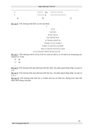 Ngôn Ngữ Lập Trình C#
82
Nền Tảng NgônNgữ C#
* * * * * $ $ * * * * * * * * *
* * * * * * $ * * * * * * * * * * *
a) b) c)
Bài tập 6: Viết chương trình hiển ra trên màn hình.
1
2 3 2
3 4 5 4 3
4 5 6 7 6 5 4
5 6 7 8 9 8 7 6 5
6 7 8 9 0 1 0 9 8 7 6
7 8 9 0 1 2 3 2 1 0 9 8 7
8 9 0 1 2 3 4 5 4 3 2 1 0 9 8
9 0 1 2 3 4 5 6 7 6 5 4 3 2 1 0 9
0 1 2 3 4 5 6 7 8 9 8 7 6 5 4 3 2 1 0
Bài tập 7: Viết chương trình in ký tự số (0..9) và ký tự chữ (a..z) với mã ký tự tương ứng của
từng ký tự Ví dụ:
‘0’ : 48
‘1’ : 49
....
Bài tập 8: Viết chương trình giải phương trình bậc nhất, cho phép người dùng nhập vào giá trị
a, b.
Bài tập 9: Viết chương trình giải phương trình bậc hai, cho phép người dùng nhập vào giá trị
a, b, c.
Bài tập 10: Viết chương trình tính chu vi và diện tích của các hình sau: đường tròn, hình chữ
nhật, hình thang, tam giác.
 
