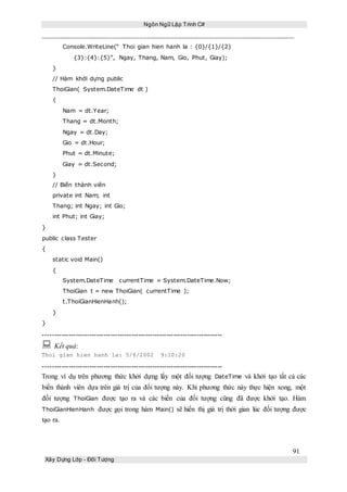 Ngôn Ngữ Lập Trình C#
91
Xây Dựng Lớp - Đối Tượng
Console.WriteLine(“ Thoi gian hien hanh la : {0}/{1}/{2}
{3}:{4}:{5}”, Ngay, Thang, Nam, Gio, Phut, Giay);
}
// Hàm khởi dựng public
ThoiGian( System.DateTime dt )
{
Nam = dt.Year;
Thang = dt.Month;
Ngay = dt.Day;
Gio = dt.Hour;
Phut = dt.Minute;
Giay = dt.Second;
}
// Biến thành viên
private int Nam; int
Thang; int Ngay; int Gio;
int Phut; int Giay;
}
public class Tester
{
static void Main()
{
System.DateTime currentTime = System.DateTime.Now;
ThoiGian t = new ThoiGian( currentTime );
t.ThoiGianHienHanh();
}
}
-----------------------------------------------------------------------------
 Kết quả:
Thoi gian hien hanh la: 5/6/2002 9:10:20
-----------------------------------------------------------------------------
Trong ví dụ trên phương thức khởi dựng lấy một đối tượng DateTime và khởi tạo tất cả các
biến thành viên dựa trên giá trị của đối tượng này. Khi phương thức này thực hiện xong, một
đối tượng ThoiGian được tạo ra và các biến của đối tượng cũng đã được khởi tạo. Hàm
ThoiGianHienHanh được gọi trong hàm Main() sẽ hiển thị giá trị thời gian lúc đối tượng được
tạo ra.
 