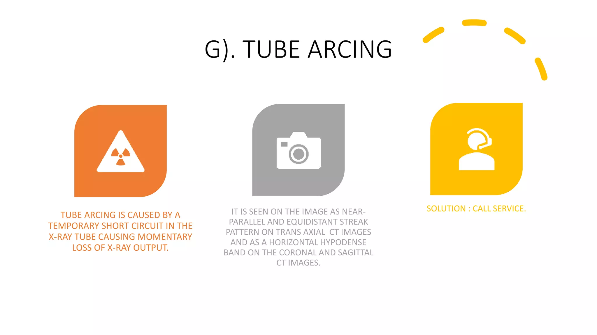 G). TUBE ARCING
TUBE ARCING IS CAUSED BY A
TEMPORARY SHORT CIRCUIT IN THE
X-RAY TUBE CAUSING MOMENTARY
LOSS OF X-RAY OUTPUT.
IT IS SEEN ON THE IMAGE AS NEAR-
PARALLEL AND EQUIDISTANT STREAK
PATTERN ON TRANS AXIAL CT IMAGES
AND AS A HORIZONTAL HYPODENSE
BAND ON THE CORONAL AND SAGITTAL
CT IMAGES.
SOLUTION : CALL SERVICE.
 