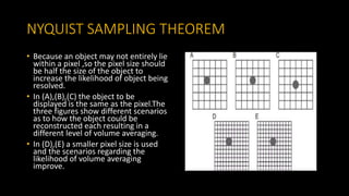 NYQUIST SAMPLING THEOREM
• Because an object may not entirely lie
within a pixel ,so the pixel size should
be half the size of the object to
increase the likelihood of object being
resolved.
• In (A),(B),(C) the object to be
displayed is the same as the pixel.The
three figures show different scenarios
as to how the object could be
reconstructed each resulting in a
different level of volume averaging.
• In (D),(E) a smaller pixel size is used
and the scenarios regarding the
likelihood of volume averaging
improve.
 