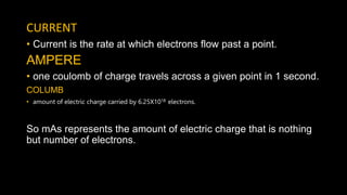 CURRENT
• Current is the rate at which electrons flow past a point.
AMPERE
• one coulomb of charge travels across a given point in 1 second.
COLUMB
• amount of electric charge carried by 6.25X1018 electrons.
So mAs represents the amount of electric charge that is nothing
but number of electrons.
 