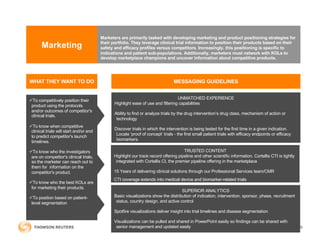 Marketing
Marketers are primarily tasked with developing marketing and product positioning strategies for
their portfolio. They leverage clinical trial information to position their products based on their
safety and efficacy profiles versus competitors. Increasingly, this positioning is specific to
indications and patient sub-populations. Additionally, marketers must network with KOLs to
develop marketplace champions and uncover information about competitive products.
üTo competitively position their
product using the protocols
and/or outcomes of competitor's
clinical trials.
üTo know when competitive
clinical trials will start and/or end
to predict competitor's launch
timelines.
üTo know who the investigators
are on competitor's clinical trials,
so the marketer can reach out to
them for information on the
competitor's product.
üTo know who the best KOLs are
for marketing their products.
üTo position based on patient-
level segmentation
UNMATCHED EXPERIENCE
Highlight ease of use and filtering capabilities
Ability to find or analyze trials by the drug intervention’s drug class, mechanism of action or
technology
Discover trials in which the intervention is being tested for the first time in a given indication.
Locate ‘proof of concept’ trials - the first small patient trials with efficacy endpoints or efficacy
biomarkers.
MESSAGING GUIDELINES
TRUSTED CONTENT
Highlight our track record offering pipeline and other scientific information. Cortellis CTI is tightly
integrated with Cortellis CI, the premier pipeline offering in the marketplace
15 Years of delivering clinical solutions through our Professional Services team/CMR
CTI coverage extends into medical device and biomarker-related trials
WHAT THEY WANT TO DO
18
SUPERIOR ANALYTICS
Basic visualizations show the distribution of indication, intervention, sponsor, phase, recruitment
status, country design, and active control
Spotfire visualizations deliver insight into trial timelines and disease segmentation
Visualizations can be pulled and shared in PowerPoint easily so findings can be shared with
senior management and updated easily
 