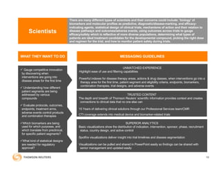 Scientists
There are many different types of scientists and their concerns could include: 'biology' of
biomarkers and molecular profiles as predictive, diagnostic/disease-marking, and efficacy-
indicating agents, statistical design of clinical trials, mechanisms of action and their relation to
disease pathways and outcomes/adverse events, using outcomes across trials to gauge
efficacy/safety which is reflective of more diverse populations, determining what types of
patients are ideal treatment candidates for the developmental compound, picking the right dose
and regimen for the trial, and how to monitor patient safety during trials.
ü Gauge competitive innovation
by discovering when
interventions are going into
disease areas for the first time
ü Understanding how different
patient segments are being
addressed by various
compounds
ü Evaluate protocols, outcomes,
endpoints, treatment arms,
adverse events control products
and combination therapies
üWhich biomarkers are being
used for which purposes, and
which translate from preclinical,
for specific patient segments?
üWhat kind of statistical designs
are needed for regulatory
approval?
UNMATCHED EXPERIENCE
Highlight ease of use and filtering capabilities
Powerful indexes for disease therapy areas, actions & drug classes, when interventions go into a
therapy area for the first time, patient segment and eligibility criteria, endpoints, biomarkers,
combination therapies, trial designs, and adverse events
MESSAGING GUIDELINES
TRUSTED CONTENT
The depth and breadth of Thomson Reuters’ scientific information provides context and creates
connections to clinical data that no one else can
15 Years of delivering clinical solutions through our Professional Services team/CMR
CTI coverage extends into medical device and biomarker-related trials
WHAT THEY WANT TO DO
19
SUPERIOR ANALYTICS
Basic visualizations show the distribution of indication, intervention, sponsor, phase, recruitment
status, country design, and active control
Spotfire visualizations deliver insight into trial timelines and disease segmentation
Visualizations can be pulled and shared in PowerPoint easily so findings can be shared with
senior management and updated easily
 