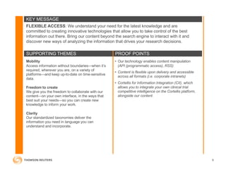 SUPPORTING THEMES PROOF POINTS
KEY MESSAGE
FLEXIBLE ACCESS: We understand your need for the latest knowledge and are
committed to creating innovative technologies that allow you to take control of the best
information out there. Bring our content beyond the search engine to interact with it and
discover new ways of analyzing the information that drives your research decisions.
• Our technology enables content manipulation
(API (programmatic access), RSS)
• Content is flexible upon delivery and accessible
across all formats (i.e. corporate intranets)
• Cortellis for Information Integration (CII), which
allows you to integrate your own clinical trial
competitive intelligence on the Cortellis platform,
alongside our content.
Mobility
Access information without boundaries—when it’s
required, wherever you are, on a variety of
platforms—and keep up-to-date on time-sensitive
data.
Freedom to create
We give you the freedom to collaborate with our
content—on your own interface, in the ways that
best suit your needs—so you can create new
knowledge to inform your work.
Clarity
Our standardized taxonomies deliver the
information you need in language you can
understand and incorporate.
9
 