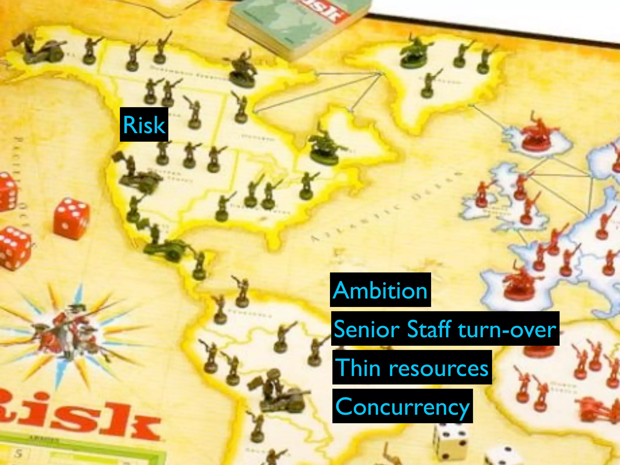 Risk




       Ambition
       Senior Staff turn-over
       Thin resources
       Concurrency
 