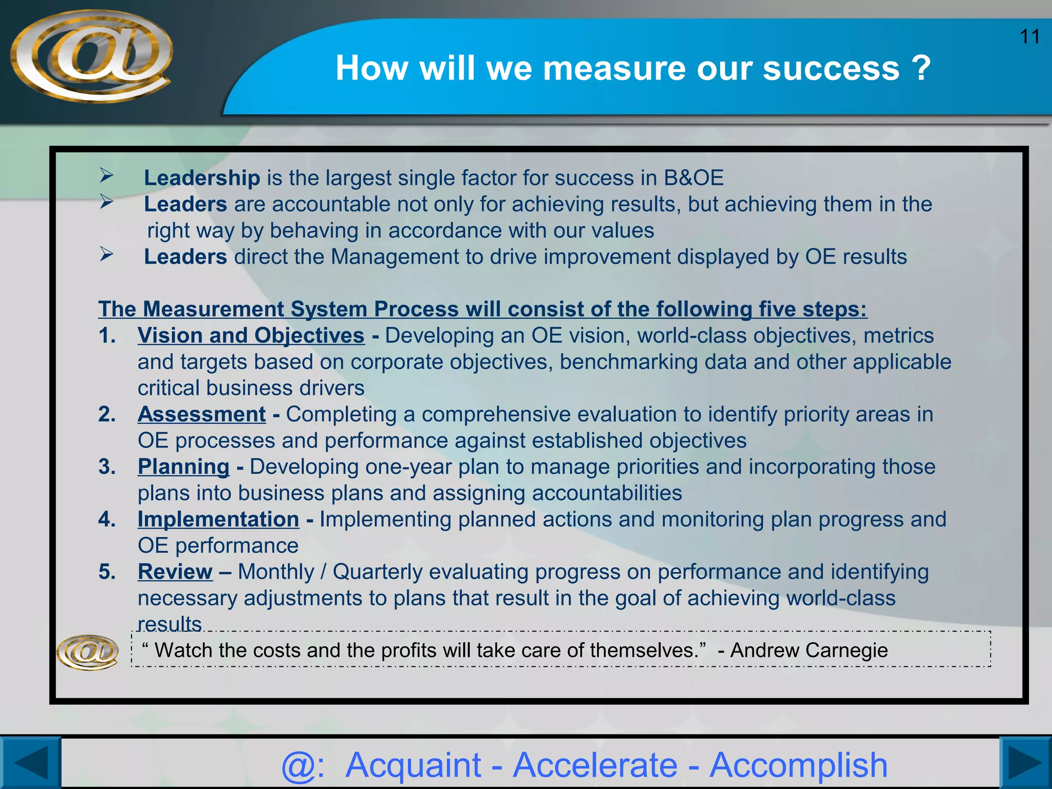 11

How will we measure our success ?




Leadership is the largest single factor for success in B&OE
Leaders are accountable not only for achieving results, but achieving them in the
right way by behaving in accordance with our values
Leaders direct the Management to drive improvement displayed by OE results

The Measurement System Process will consist of the following five steps:
1. Vision and Objectives - Developing an OE vision, world-class objectives, metrics
and targets based on corporate objectives, benchmarking data and other applicable
critical business drivers
2. Assessment - Completing a comprehensive evaluation to identify priority areas in
OE processes and performance against established objectives
3. Planning - Developing one-year plan to manage priorities and incorporating those
plans into business plans and assigning accountabilities
4. Implementation - Implementing planned actions and monitoring plan progress and
OE performance
5. Review – Monthly / Quarterly evaluating progress on performance and identifying
necessary adjustments to plans that result in the goal of achieving world-class
results
“ Watch the costs and the profits will take care of themselves.” - Andrew Carnegie

@: Acquaint - Accelerate - Accomplish

 