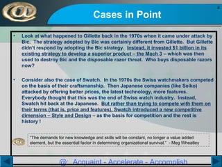 Cases in Point
•

Look at what happened to Gillette back in the 1970s when it came under attack by
Bic. The strategy adopted by Bic was certainly different from Gillette. But Gillette
didn’t respond by adopting the Bic strategy. Instead, it invested $1 billion in its
existing strategy to develop a superior product – the Mach 3 – which was then
used to destroy Bic and the disposable razor threat. Who buys disposable razors
now?

•

Consider also the case of Swatch. In the 1970s the Swiss watchmakers competed
on the basis of their craftsmanship. Then Japanese companies (like Seiko)
attacked by offering better prices, the latest technology, more features.
Everybody thought that this was the end of Swiss watch industry. Instead,
Swatch hit back at the Japanese. But rather than trying to compete with them on
their terms (that is, price and features), Swatch introduced a new competitive
dimension – Style and Design – as the basis for competition and the rest is
history !
“The demands for new knowledge and skills will be constant, no longer a value added
element, but the essential factor in determining organizational survival.” - Meg Wheatley

@: Acquaint - Accelerate - Accomplish

4

 