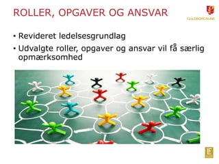 ROLLER, OPGAVER OG ANSVAR
• Revideret ledelsesgrundlag
• Udvalgte roller, opgaver og ansvar vil få særlig
opmærksomhed
 