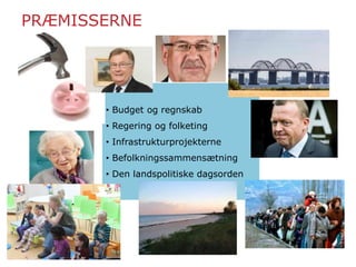• Budget og regnskab
• Regering og folketing
• Infrastrukturprojekterne
• Befolkningssammensætning
• Den landspolitiske dagsorden
PRÆMISSERNE
 