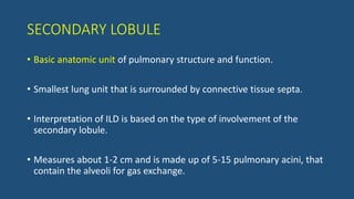SECONDARY LOBULE
• Basic anatomic unit of pulmonary structure and function.
• Smallest lung unit that is surrounded by connective tissue septa.
• Interpretation of ILD is based on the type of involvement of the
secondary lobule.
• Measures about 1-2 cm and is made up of 5-15 pulmonary acini, that
contain the alveoli for gas exchange.
 