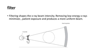 filter
• Filtering shapes the x-ray beam intensity. Removing low-energy x-rays
minimizes , patient exposure and produces a more uniform beam.
 