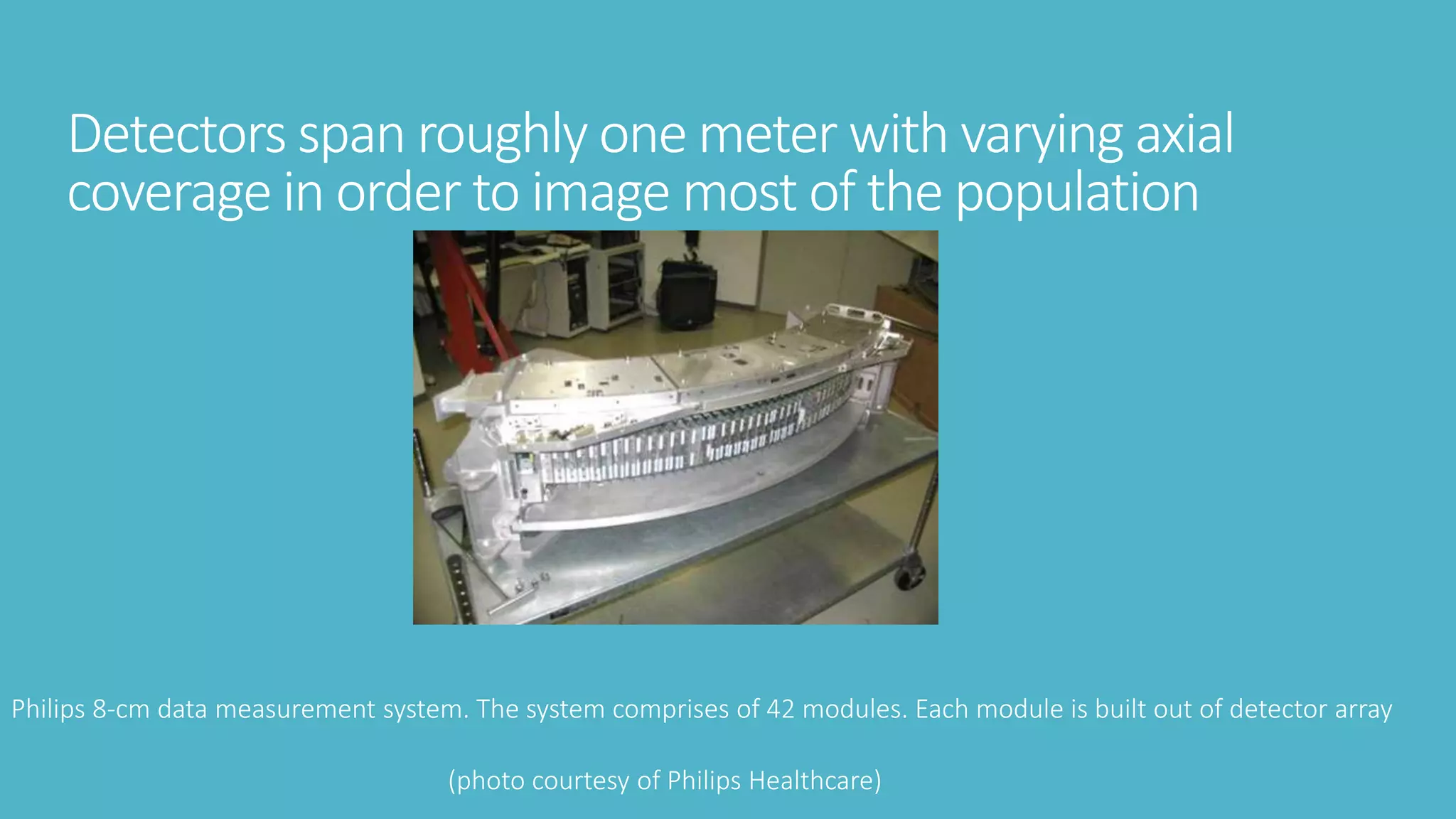 Detectors span roughly one meter with varying axial
coverage in order to image most of the population
Philips 8-cm data measurement system. The system comprises of 42 modules. Each module is built out of detector array
(photo courtesy of Philips Healthcare)
 