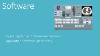 Software
Operating Software: Permanent Software
Application Software: Specific task
 