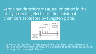xenon gas detectors measure ionization in the
air by collecting electrons into individual
chambers separated by tungsten plates
As x-rays fall into the individual gas-filled chambers, they release ions
that are either positively or negatively charged that are then attracted to
the oppositely charged plates.
 