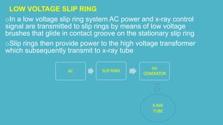 LOW VOLTAGE SLIP RING
oIn a low voltage slip ring system AC power and x-ray control
signal are transmitted to slip rings by means of low voltage
brushes that glide in contact groove on the stationary slip ring
oSlip rings then provide power to the high voltage transformer
which subsequently transmit to x-ray tube
AC SLIP RING
HV
GENERATOR
X-RAY
TUBE
 