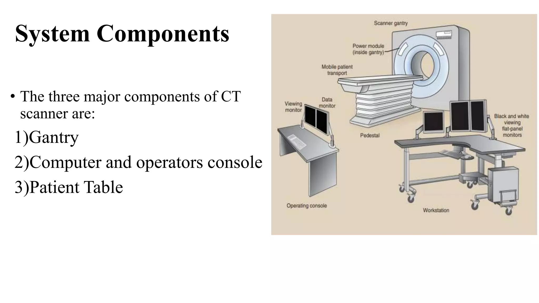 System Components
• The three major components of CT
scanner are:
1)Gantry
2)Computer and operators console
3)Patient Table
 