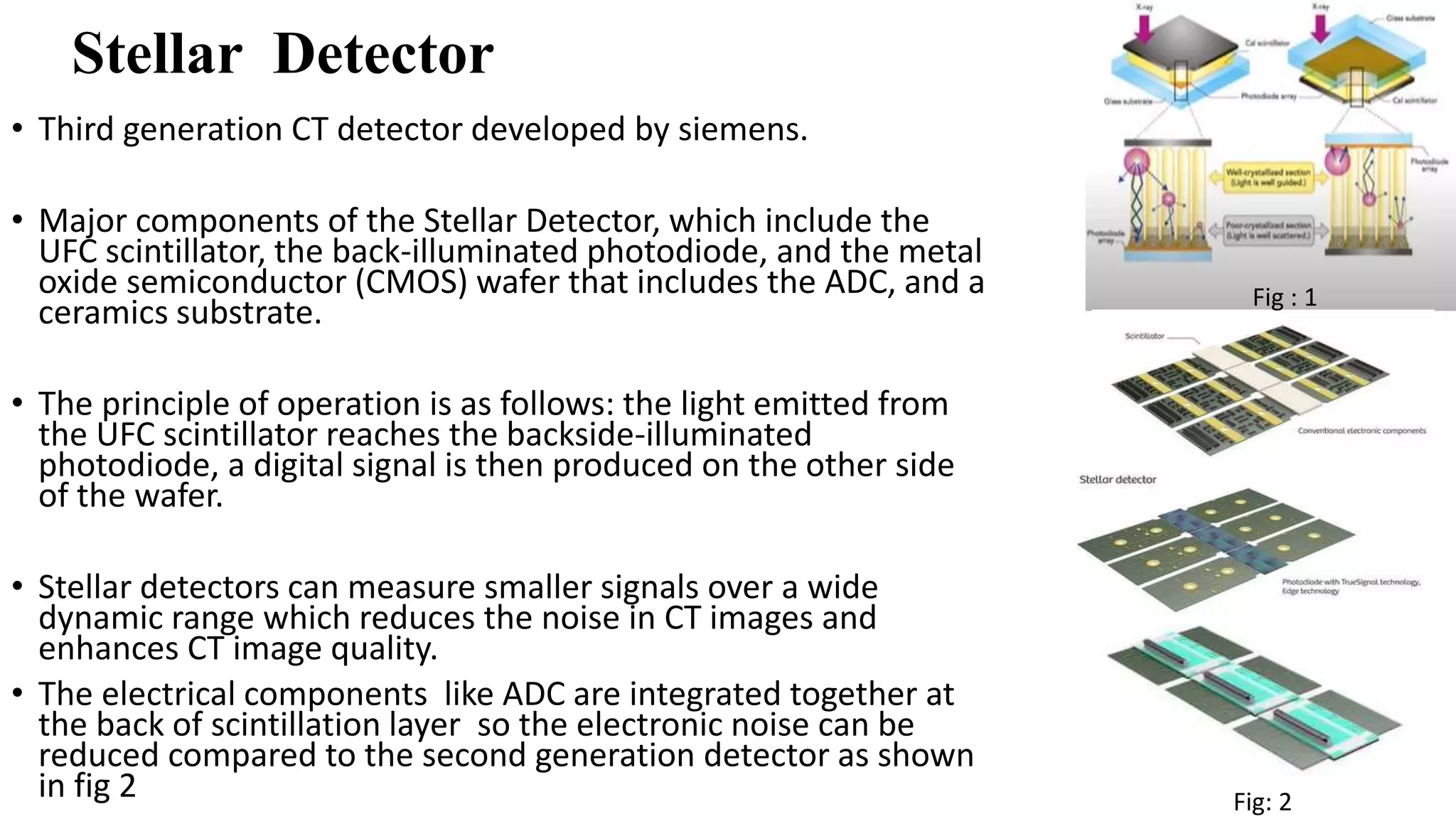 Stellar Detector
• Third generation CT detector developed by siemens.
• Major components of the Stellar Detector, which include the
UFC scintillator, the back-illuminated photodiode, and the metal
oxide semiconductor (CMOS) wafer that includes the ADC, and a
ceramics substrate.
• The principle of operation is as follows: the light emitted from
the UFC scintillator reaches the backside-illuminated
photodiode, a digital signal is then produced on the other side
of the wafer.
• Stellar detectors can measure smaller signals over a wide
dynamic range which reduces the noise in CT images and
enhances CT image quality.
• The electrical components like ADC are integrated together at
the back of scintillation layer so the electronic noise can be
reduced compared to the second generation detector as shown
in fig 2 Fig: 2
Fig : 1
 