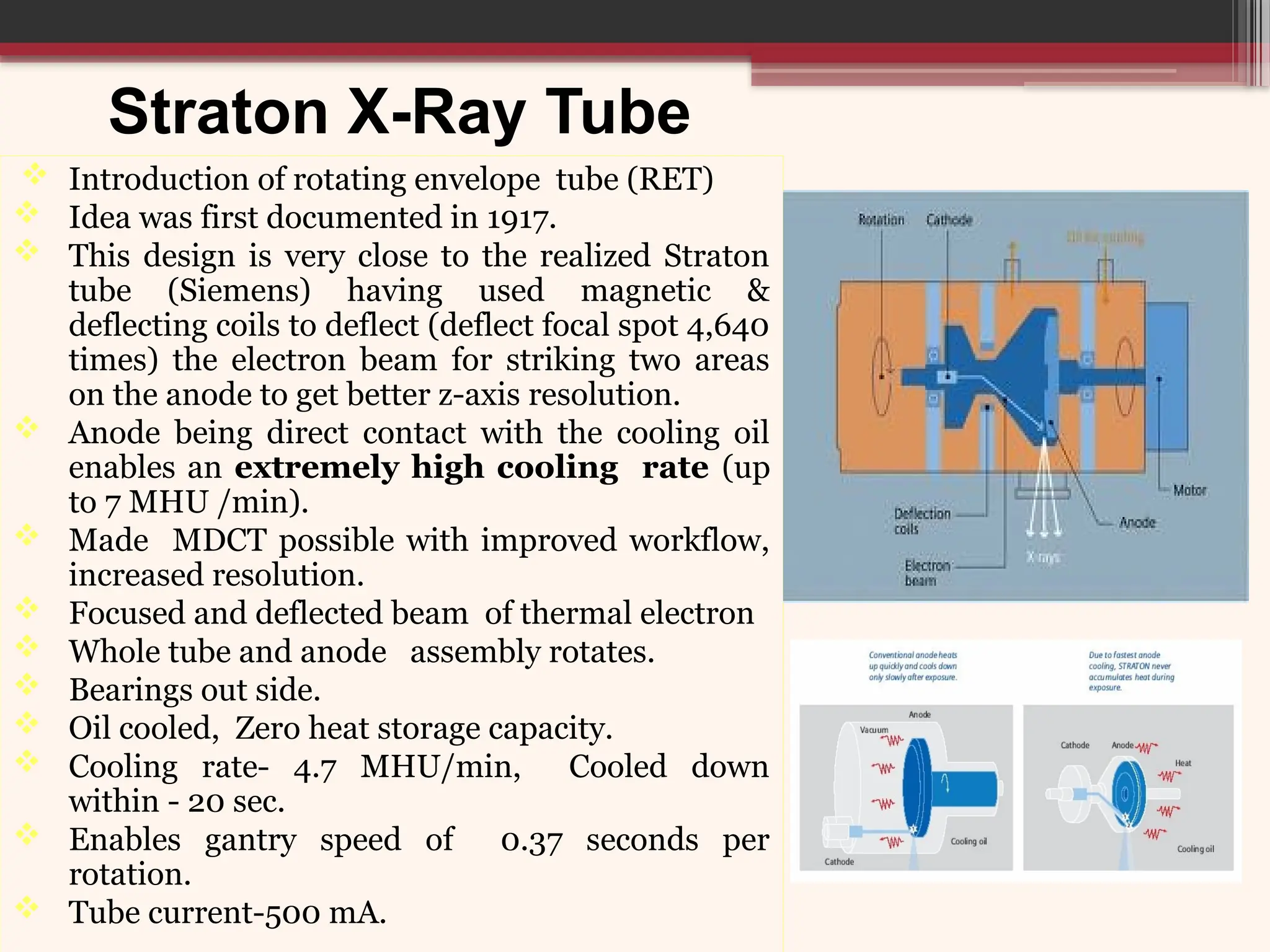 Straton X-Ray Tube
 Introduction of rotating envelope tube (RET)
 Idea was first documented in 1917.
 This design is very close to the realized Straton
tube (Siemens) having used magnetic &
deflecting coils to deflect (deflect focal spot 4,640
times) the electron beam for striking two areas
on the anode to get better z-axis resolution.
 Anode being direct contact with the cooling oil
enables an extremely high cooling rate (up
to 7 MHU /min).
 Made MDCT possible with improved workflow,
increased resolution.
 Focused and deflected beam of thermal electron
 Whole tube and anode assembly rotates.
 Bearings out side.
 Oil cooled, Zero heat storage capacity.
 Cooling rate- 4.7 MHU/min, Cooled down
within - 20 sec.
 Enables gantry speed of 0.37 seconds per
rotation.
 Tube current-500 mA.
 