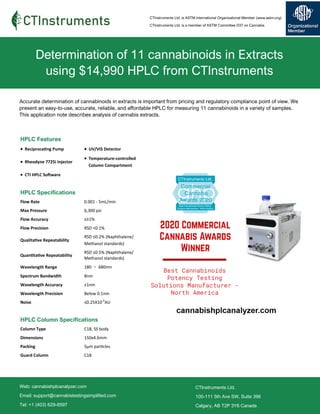 Determination of 11 cannabinoids in Extracts
using $14,990 HPLC from CTInstruments
CTInstruments Ltd.
100-111 5th Ave SW, Suite 396
Calgary, AB T2P 3Y6 Canada
Web: cannabishplcanalyzer.com
Email: support@cannabistestingsimplified.com
Tel: +1 (403) 629-8597
Accurate determination of cannabinoids in extracts is important from pricing and regulatory compliance point of view. We
present an easy-to-use, accurate, reliable, and affordable HPLC for measuring 11 cannabinoids in a variety of samples.
This application note describes analysis of cannabis extracts.
HPLC Features
• Reciprocating Pump • UV/VIS Detector
• Rheodyne 7725i Injector
• Temperature-controlled
Column Compartment
• CTI HPLC Software
HPLC Specifications
Flow Rate 0.001 - 5mL/min
Max Pressure 6,300 psi
Flow Accuracy ≤±1%
Flow Precision RSD <0.1%
Qualitative Repeatability
RSD ≤0.2% (Naphthalene/
Methanol standards)
Quantitative Repeatability
RSD ≤0.5% (Naphthalene/
Methanol standards)
Wavelength Range 180 - 680nm
Spectrum Bandwidth 8nm
Wavelength Accuracy ±1nm
Wavelength Precision Below 0.1nm
Noise ≤0.25X10-5
AU
HPLC Column Specifications
Column Type C18, SS body
Dimensions 150x4.6mm
Packing 5µm particles
Guard Column C18
CTInstruments Ltd. is ASTM International Organizational Member (www.astm.org)
CTInstruments Ltd. is a member of ASTM Committee D37 on Cannabis
 