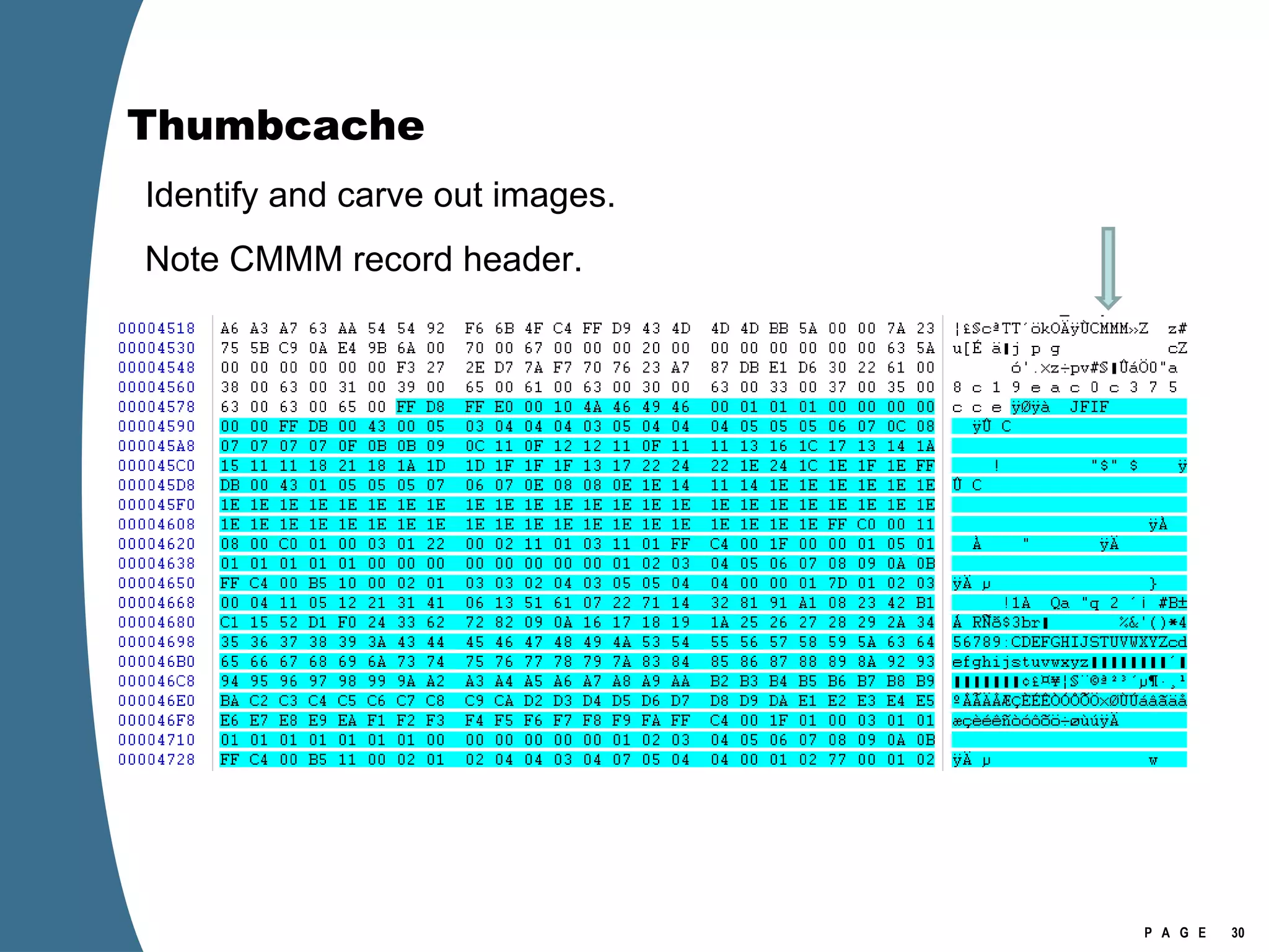 Thumbcache Identify and carve out images. Note CMMM record header. 