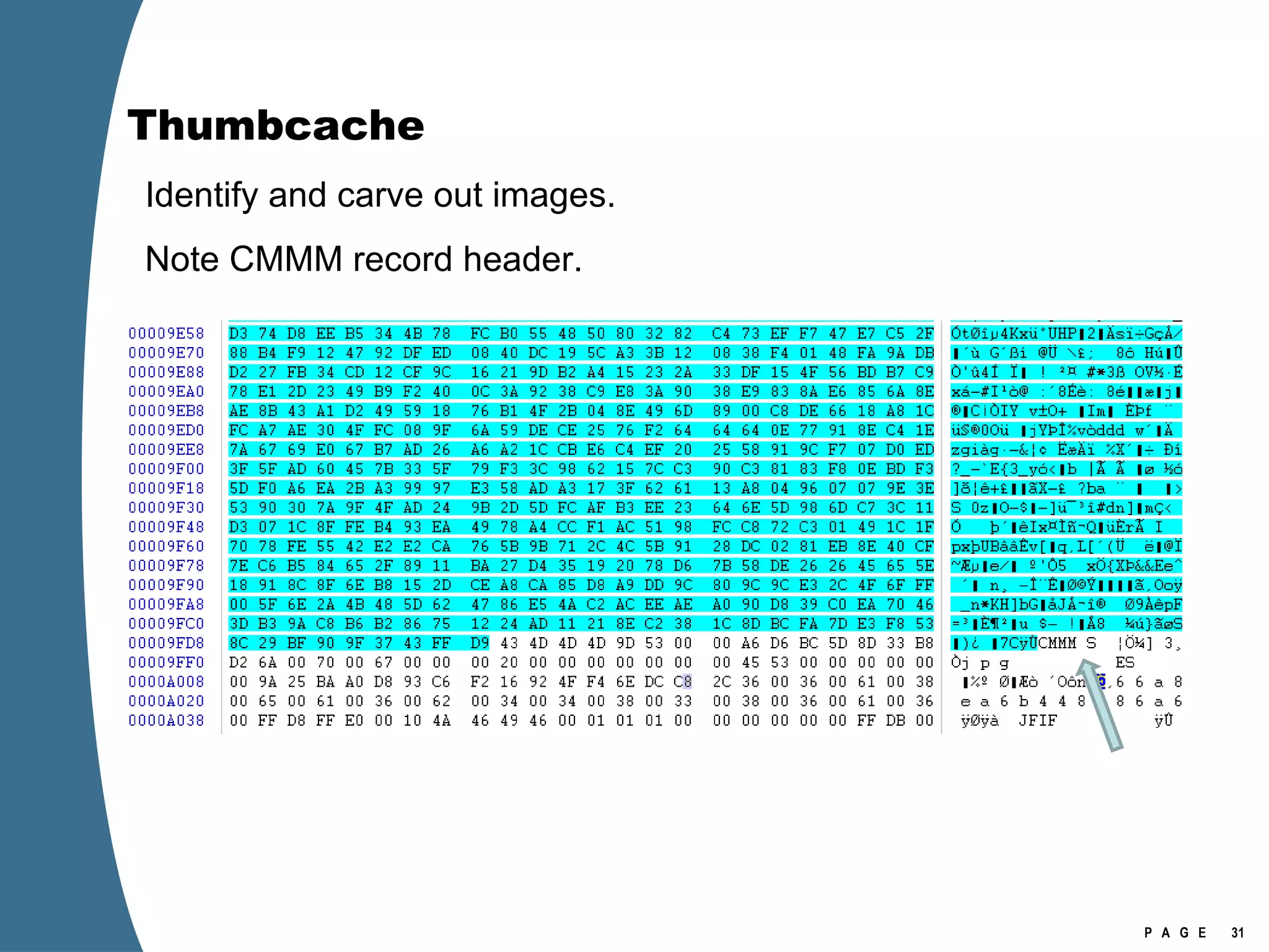 Thumbcache Identify and carve out images. Note CMMM record header. 