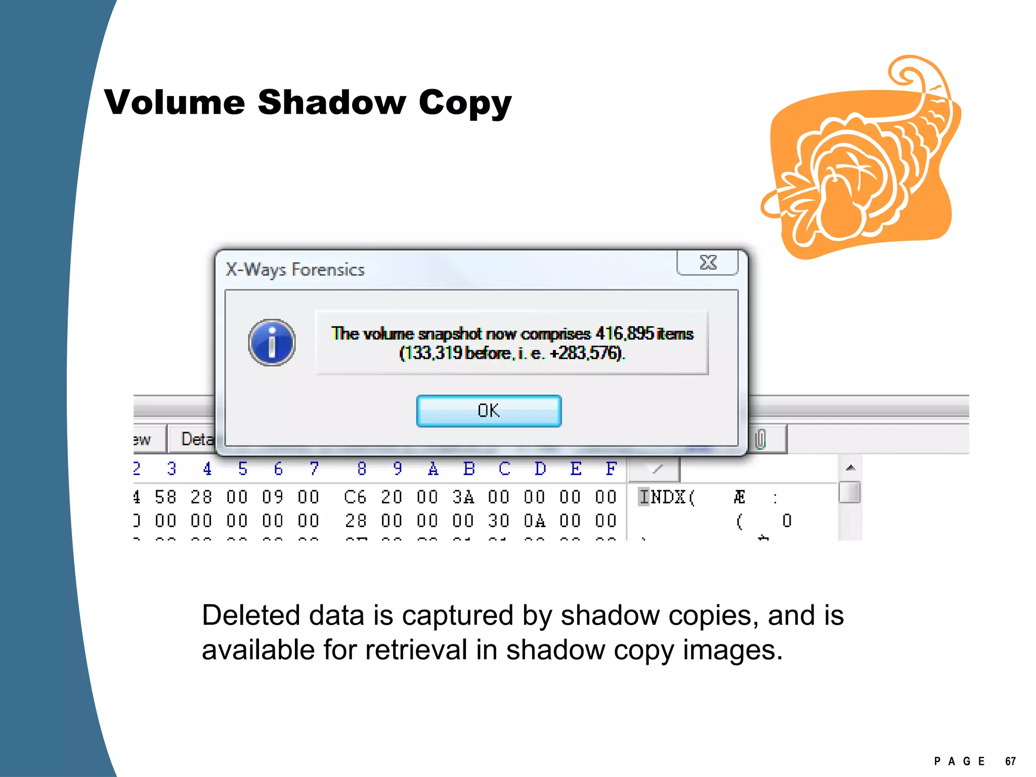 Volume Shadow Copy Deleted data is captured by shadow copies, and is available for retrieval in shadow copy images. 