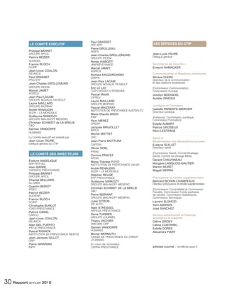 Paul GRASSET
           LE COMITÉ EXÉCUTIF                   PRO BTP                                LES SERVICES DU CTIP
                                                Pierre GROLLEAU
           Philippe BARRET                      ANIPS
           GROUPE APICIL                        Jean-Charles GROLLEMUND                Jean-Louis FAURE
           Patrick BEZIER                       GROUPE IRCEM                           Délégué général
           AUDIENS                              Renée HABOZIT
           Francis BLOCH                        UNIPRÉVOYANCE                          Secrétariat de direction :
           OCIRP                                Marcel JAMET                           Evelyne HAMACKER
           Jean-Louis COULON                    AGRICA
           RÉUNICA                              Richard KACZOROWSKI                    Communication et Relations extérieures
           Paul GRASSET                         CREPA                                  Miriana CLERC
           PRO BTP                                                                     Directeur de la communication
                                                Jean-Paul LACAM                        et des relations extérieures
           Jean-Charles GROLLEMUND              GROUPE NOVALIS TAITBOUT
           GROUPE IRCEM                         Eric LE LAY                            (Commission Communication,
           Marcel JAMET                         CGP CAISSES D’ÉPARGNE                  Commission Europe)
           AGRICA                               Pascal MAAS                            Jocelyn BODIGUEL
           Jean-Paul LACAM                      CIPREV                                 Aurélie GINIOUX
           GROUPE NOVALIS TAITBOUT              Laurie MAILLARD
           Laurie MAILLARD                      GROUPE MORNAY
           GROUPE MORNAY                                                               Juridique et Formation
                                                Pascal MAIZERAY
           André RENAUDIN                       INSTITUTION DE PRÉVOYANCE AUSTERLITZ
                                                                                       Isabelle PARIENTE-MERCIER
           AG2R – LA MONDIALE                                                          Directeur juridique
                                                Marie-Claude WECK
           Guillaume SARKOZY                    IPBP                                   (Instances, Commission Juridique,
           GROUPE MALAKOFF MÉDÉRIC                                                     Commission Formation)
                                                Yann MENEZ
           Christian SCHMIDT de LA BRELIE       CRESP                                  Estelle AUBERT
           D&O
                                                Jacques MINJOLLET                      Patrick GROSIEUX
           Damien VANDORPE                      INPCA                                  Rémi LESTRADE
           HUMANIS                              Michel MOTTET
           Le Comité exécutif est présidé par   CRC                                    Santé et
           Jean-Louis FAURE,                    Jean-Pierre MOTTURA                    Modernisation des déclarations sociales
           Délégué général du CTIP.             CAPSSA                                 Evelyne GUILLET
                                                Olivier NOEL                           Directeur santé
                                                IPRIAC
            LE COMITÉ DES DIRECTEURS                                                   (Commission Santé, Comité Stratégie
                                                Corinne PRAYEZ                         Santé, Comité de pilotage MDS)
                                                APGIS
           Évelyne ANGELIQUE                                                           Gérard CHAUVINEAU
                                                Marie-Thérèse PUYO
           ARP-BTP/AG                           INSTITUTION DE PRÉVOYANCE VALMY
                                                                                       Morgane LANGLOIS-GAUTIER
           Alain BARRE                                                                 Marion MURET
                                                André RENAUDIN
           CAPAVES-PRÉVOYANCE                   AG2R – LA MONDIALE                     Magali SIERRA
           Philippe BARRET                      Stephan REUGE
           GROUPE APICIL                        BTP-PRÉVOYANCE                         Prévoyance et retraite supplémentaire
           Chantal BELLIARD                                                            Bertrand BOIVIN-CHAMPEAUX
           IG-CRÉA
                                                Guillaume SARKOZY
                                                GROUPE MALAKOFF MÉDÉRIC                Directeur prévoyance et retraite supplémentaire
           Quentin BERIOT
           IPSEC                                Christian SCHMIDT DE LA BRELIE         (Commission Comptabilité et Commission
                                                D&O                                    Fiscalité, Commission Fonds paritaires
           Patrick BEZIER
           AUDIENS                              Pierre SERVANT                         de retraite, Commission Statistiques,
                                                GROUPE MALAKOFF MÉDÉRIC                Commission Technique)
           Francis BLOCH
           OCIRP                                Jules SITBON                           Laurent ELGHOZI
                                                IRP AUTO                               Yann MAINVIS
           Christophe BURLOT
           ICIRS-PRÉVOYANCE                     Alain STREISSEL                        José SANCHEZ
                                                ARPEGE-PRÉVOYANCE
           Patrick CANAL
           CARCO                                Denis TURRIER                          Service administratif et financier,
           Jean-Louis COULON                    GROUPE LOURMEL                         assistance et supports
           RÉUNICA                              Thierry VACHIER                        Céline GROSY
           Alain DEL PUERTO                     SNECMA-CRP                             Céline CONTRINO
           IPECA-PRÉVOYANCE                     Damien VANDORPE                        Estelle DORES
           Pascal FRANCK                        HUMANIS
                                                                                       Alexandra PIART
           INSTITUTION DE PRÉVOYANCE NESTLÉ     Michel WERMUTH
           Jean-Jacques GILLOT                  CAISSE DE PRÉVOYANCE DU CRÉDIT
           GNP                                  LYONNAIS
           Pierre GIRARDIN                      En cours de nomination
           INPR                                 CAPRA-PREVOYANCE                       adresse courriel : nom@ctip.asso.fr




30 Rapport annuel 2010
 