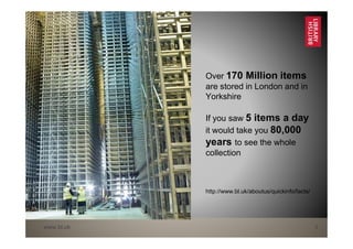 www.bl.uk 3
Over 170 Million items
are stored in London and in
Yorkshire
If you saw 5 items a day
it would take you 80,000
years to see the whole
collection
http://www.bl.uk/aboutus/quickinfo/facts/
 