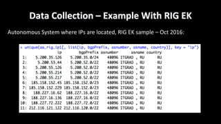 Data	Collection	– Example	With	RIG	EK
Autonomous	System	where	IPs	are	located,	RIG	EK	sample	– Oct	2016:
 
