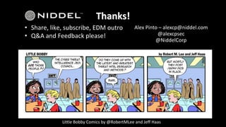 Thanks!
• Share,	like,	subscribe,	EDM	outro
• Q&A	and	Feedback	please!
Alex	Pinto	– alexcp@niddel.com
@alexcpsec
@NiddelCorp
Little	Bobby	Comics	by	@RobertMLee and	Jeff	Haas
 