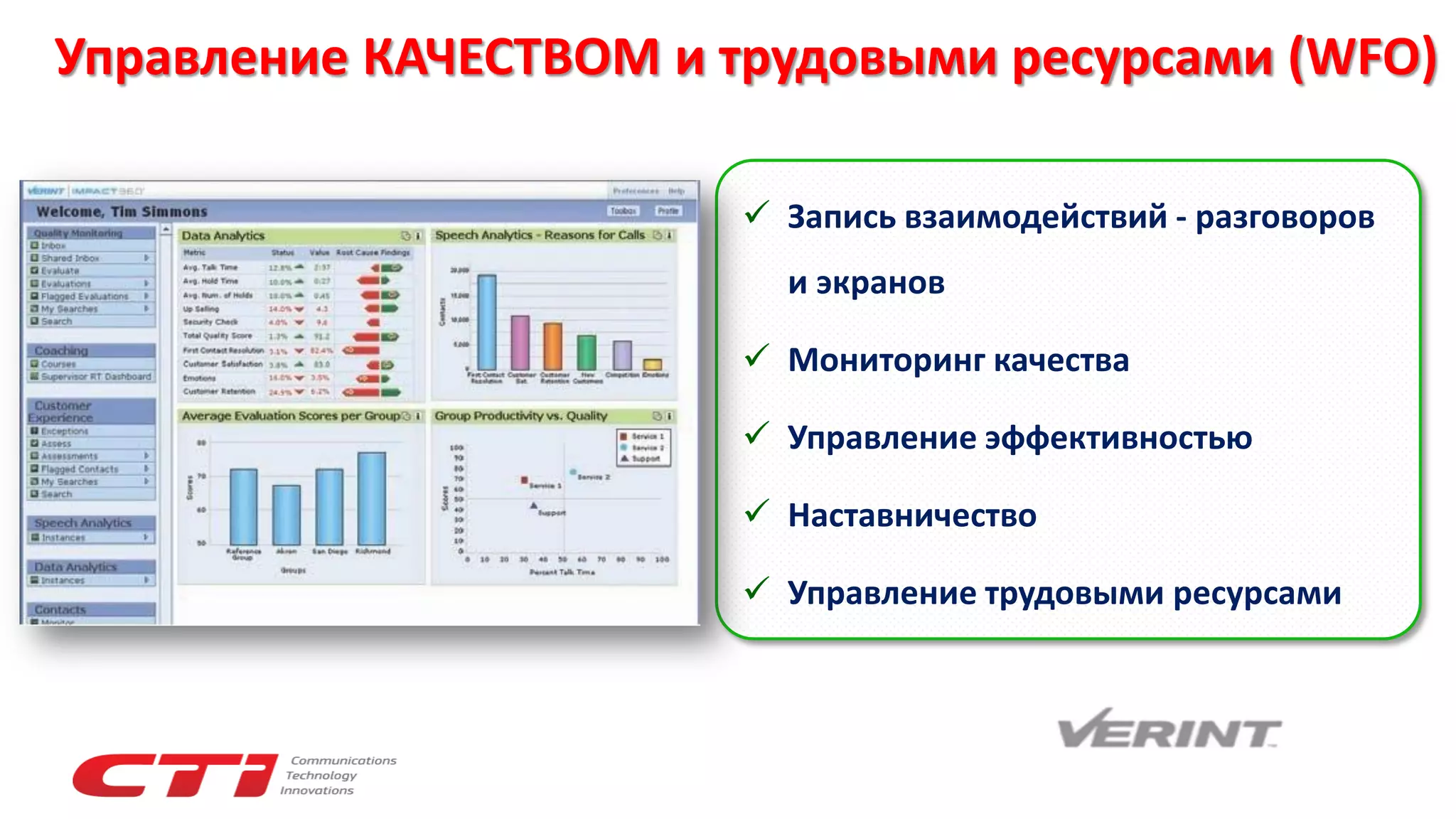Управление КАЧЕСТВОМ и трудовыми ресурсами (WFO)
 Запись взаимодействий - разговоров
и экранов
 Мониторинг качества
 Управление эффективностью
 Наставничество
 Управление трудовыми ресурсами
 