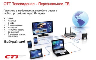 ОТТ Телевидение - Персональное ТВ
Просмотр в любое время, из любого места, с
любого устройства через Интернет
•
•
•
•
•
•
•
•

Дома
На улице
В кафе
В командировке
На отдыхе
По пути на работу
За границей
В машине и другом
транспорте

Выбирай сам!

 