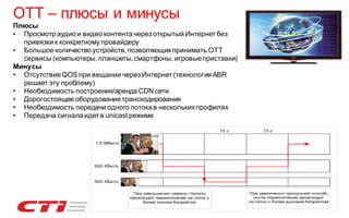 OTT – плюсы и минусы
Плюсы
• Просмотр аудио и видео контента через открытый Интернет без
привязки к конкретному провайдеру
• Большое количество устройств, позволяющих принимать ОТТ
сервисы (компьютеры, планшеты, смартфоны, игровые приставки)
Минусы
• Отсутствие QOS при вещании через Интернет (технология ABR
решает эту проблему)
• Необходимость построения/аренда CDN сети
• Дорогостоящее оборудование транскодирования
• Необходимость передачи одного потока в нескольких профилях
• Передача сигнала идет в unicast режиме

 