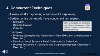 4. Concurrent Techniques
• Assess what’s happening – and how it’s happening
• Certain tactics commonly have concurrent techniques:
• Execution
• Defense Evasion
• Collection
• Examples:
• Phishing: Spearphishing Attachment + User Execution (Initial Access +
Execution)
• Data from Local System + Email Collection (2x Collection)
• Process Discovery + Command and Scripting Interpreter (Discovery +
Execution)
Some techniques are describing
how things are happening, while
other techniques are describing
what’s happening
© 2024 THE MITRE CORPORATION. ALL RIGHTS RESERVED.
 