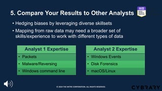 5. Compare Your Results to Other Analysts
• Hedging biases by leveraging diverse skillsets
• Mapping from raw data may need a broader set of
skills/experience to work with different types of data
Analyst 1 Expertise
• Packets
• Malware/Reversing
• Windows command line
Analyst 2 Expertise
• Windows Events
• Disk Forensics
• macOS/Linux
© 2024 THE MITRE CORPORATION. ALL RIGHTS RESERVED.
 