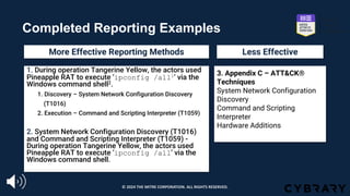 Completed Reporting Examples
1. During operation Tangerine Yellow, the actors used
Pineapple RAT to execute ‘ipconfig /all1’ via the
Windows command shell2.
1. Discovery – System Network Configuration Discovery
(T1016)
2. Execution – Command and Scripting Interpreter (T1059)
2. System Network Configuration Discovery (T1016)
and Command and Scripting Interpreter (T1059) -
During operation Tangerine Yellow, the actors used
Pineapple RAT to execute ‘ipconfig /all’ via the
Windows command shell.
3. Appendix C – ATT&CK®
Techniques
System Network Configuration
Discovery
Command and Scripting
Interpreter
Hardware Additions
More Effective Reporting Methods Less Effective
© 2024 THE MITRE CORPORATION. ALL RIGHTS RESERVED.
 