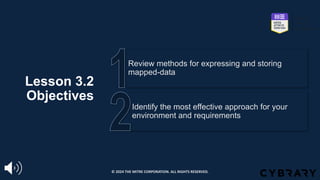 Lesson 3.2
Objectives
Identify the most effective approach for your
environment and requirements
Review methods for expressing and storing
mapped-data
© 2024 THE MITRE CORPORATION. ALL RIGHTS RESERVED.
 