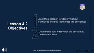 Lesson 4.2
Objectives
Understand how to research the associated
defensive options
Learn the approach for identifying how
techniques and sub-techniques are being used
© 2024 THE MITRE CORPORATION. ALL RIGHTS RESERVED.
 