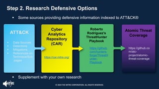 Step 2. Research Defensive Options
§ Some sources providing defensive information indexed to ATT&CK®
ATT&CK
§ Data Sources
§ Detections
§ Mitigations
§ References on
Technique/Sub
pages
Cyber
Analytics
Repository
(CAR)
https://car.mitre.org/
Roberto
Rodriguez’s
ThreatHunter
Playbook
https://github.
com/hunters-
forge/ThreatH
unter-
Playbook
Atomic Threat
Coverage
§ Supplement with your own research
Step 2. Research Defensive Options
https://github.co
m/atc-
project/atomic-
threat-coverage
© 2024 THE MITRE CORPORATION. ALL RIGHTS RESERVED.
 