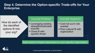 Step 4. Determine the Option-specific Trade-offs for Your
Enterprise
Example Positives
§ Leveraging existing
strengths/tools/data
sources
§ Close fit with
specific threat
Example Negatives
§ Cost not worth risk
averted
§ Poor cultural fit with
organization
Each option is highly dependent on your specific organization
How do each of
the identified
options fit into
your org?
© 2024 THE MITRE CORPORATION. ALL RIGHTS RESERVED.
 