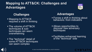 Mapping to ATT&CK: Challenges and
Advantages
§ Forces a shift in thinking about
behaviors: from indicators
§ Allows opportunities to
discover new adversary
techniques
§ Facilitates enhanced learning
of the “technical” side
§ Mapping to ATT&CK
requires a shift in thinking
§ The volume of ATT&CK
techniques & sub-
techniques can seem
overwhelming
§ The “technical” detail of
some ATT&CK techniques
can seem complex
Challenges Advantages
© 2024 THE MITRE CORPORATION. ALL RIGHTS RESERVED.
 