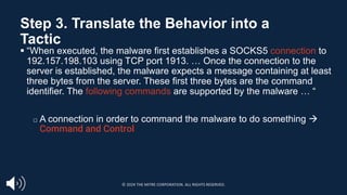 Step 3. Translate the Behavior into a
Tactic
§ “When executed, the malware first establishes a SOCKS5 connection to
192.157.198.103 using TCP port 1913. … Once the connection to the
server is established, the malware expects a message containing at least
three bytes from the server. These first three bytes are the command
identifier. The following commands are supported by the malware … “
□ A connection in order to command the malware to do something à
Command and Control
© 2024 THE MITRE CORPORATION. ALL RIGHTS RESERVED.
 