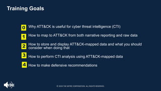 Training Goals
0
2
4
1
3
Why ATT&CK is useful for cyber threat intelligence (CTI)
How to map to ATT&CK from both narrative reporting and raw data
How to store and display ATT&CK-mapped data and what you should
consider when doing that
How to perform CTI analysis using ATT&CK-mapped data
How to make defensive recommendations
© 2024 THE MITRE CORPORATION. ALL RIGHTS RESERVED.
 